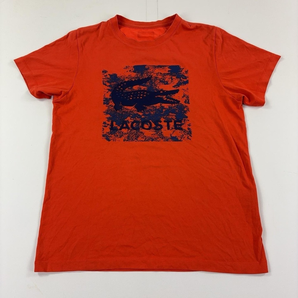 Lacoste Sport Shirt Mens Medium Orange Rubber Logo Ultra Dry Graphic Tee